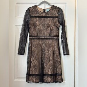 Cece Lace Nude Long Sleeve Fit and Flare Mini Dress, size 6